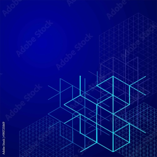 Digital abstract boxes on blue background. lines and cube Vector illustration.