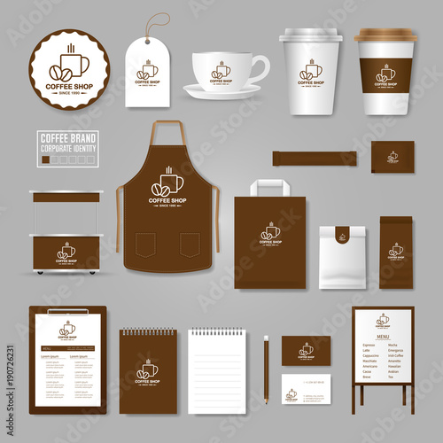 Corporate identity template. Logo concept for coffee shop, cafe, restaurant. Realistic mock up template set of menu, package, cup, apron, bag, tag, cardboard.
