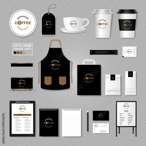 Corporate identity template. Logo concept for coffee shop, cafe, restaurant. Realistic mock up template set of menu, package, cup, apron, bag, tag, cardboard.