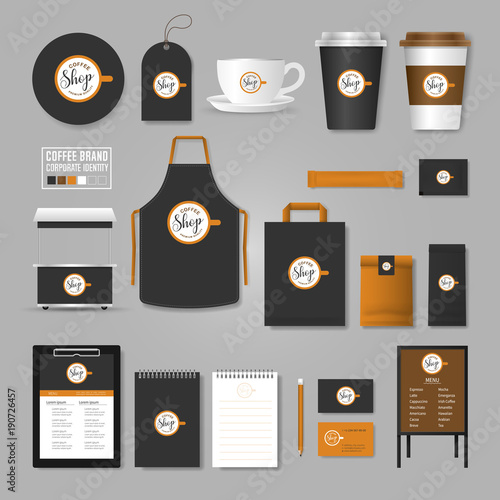 Corporate identity template. Logo concept for coffee shop, cafe, restaurant. Realistic mock up template set of menu, package, cup, apron, bag, tag, cardboard.