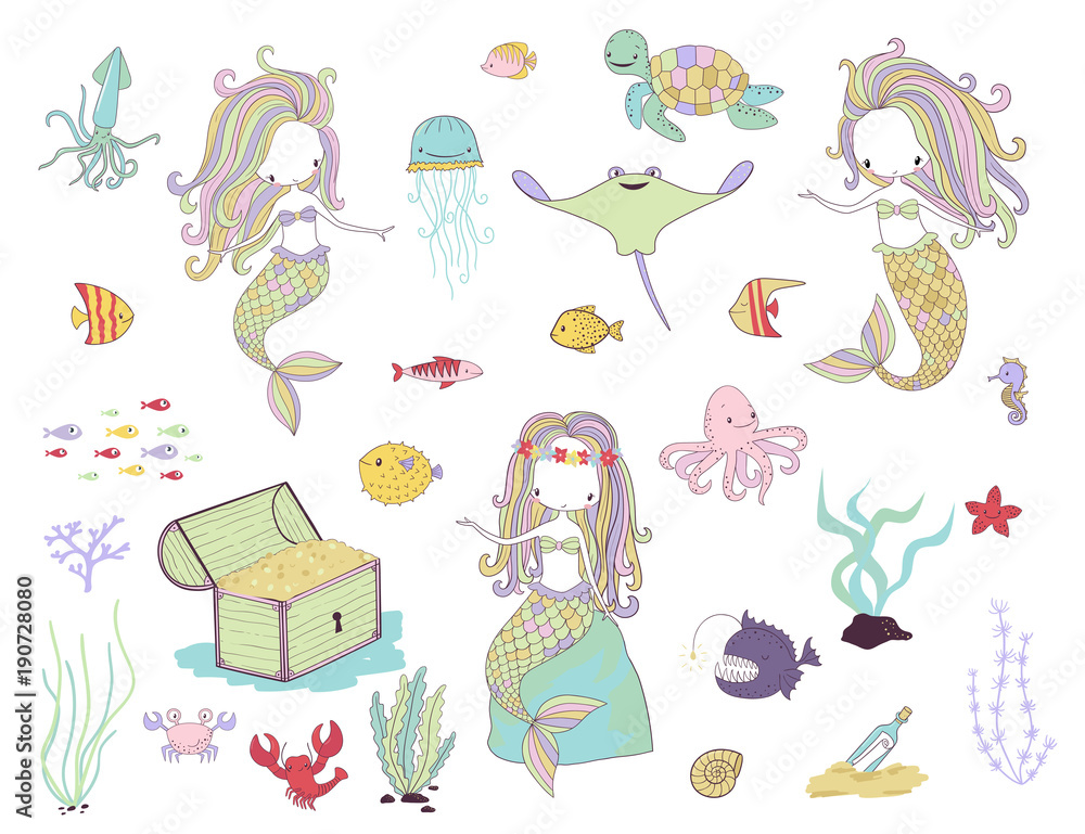 Naklejka premium Underwater life. Mermaids and sea animals