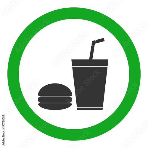 FOOD OR DRINKS sign. Paper cup with tubule and hamburger icons in green circle. Vector.