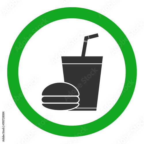 FAST FOOD sign. Paper cup with tubule and burger icons in green circle. Vector.