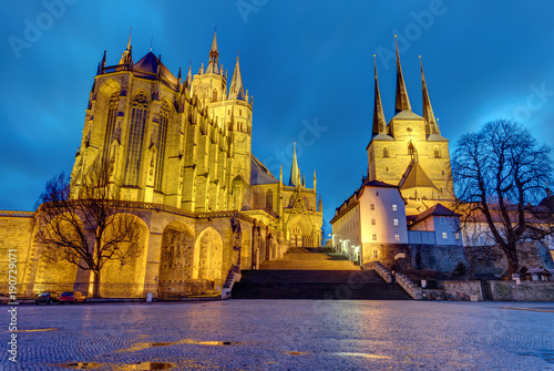 The famous Cathedral and Severi church in Erfurt at dusk