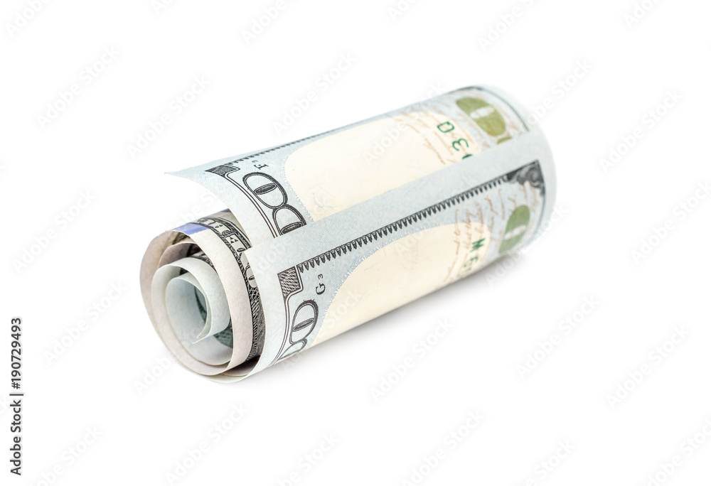 Rolled up dollar bill on white background. Business concept. Rolled up dollar bill on white background. Business concept.