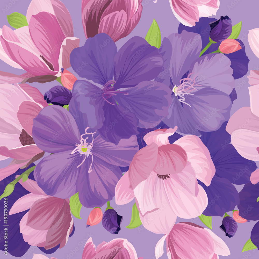 Fototapeta premium Seamless pattern purple princess flower or tibouchina urvilleana and magnolia on violet background template. Vector set of blooming floral for wedding invitations, greeting card and fashion design.