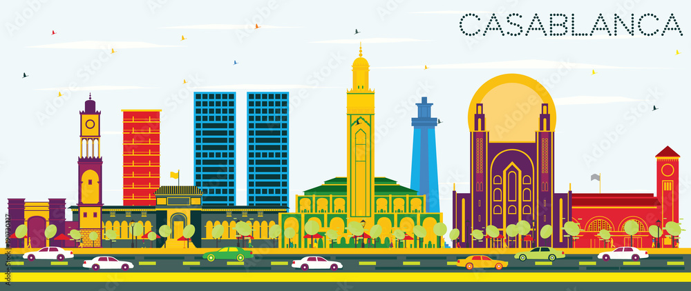 Fototapeta premium Casablanca Morocco City Skyline with Color Buildings and Blue Sky.