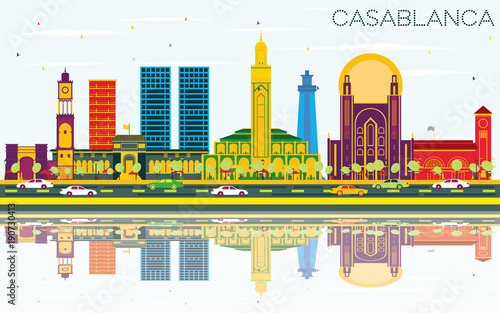 Casablanca Morocco City Skyline with Color Buildings, Blue Sky and Reflections.
