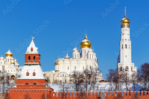 Cathedral of the Archangel with golden domes in Moscow Kremlin. Moscow in winter
