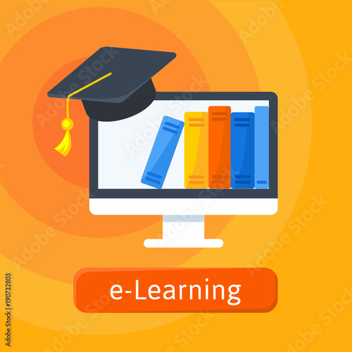 E-learning, online education logo template. Digital library in monitor emblem and graduation hat. Simple vector illustration.