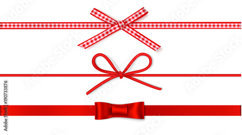 	
Set of decorative red bows with horizontal ribbon for gift decor. Holiday decorations. Vector bow and ribbon isolated on white