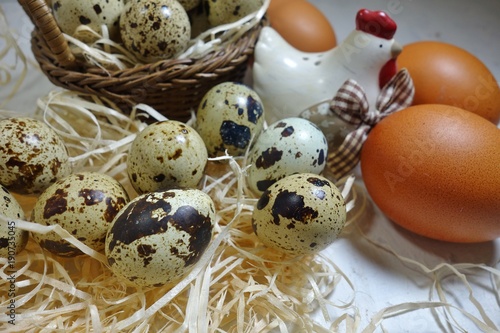 Quail eggs and chicken eggs - Easter composition.Easter Tradition - Selective focus 