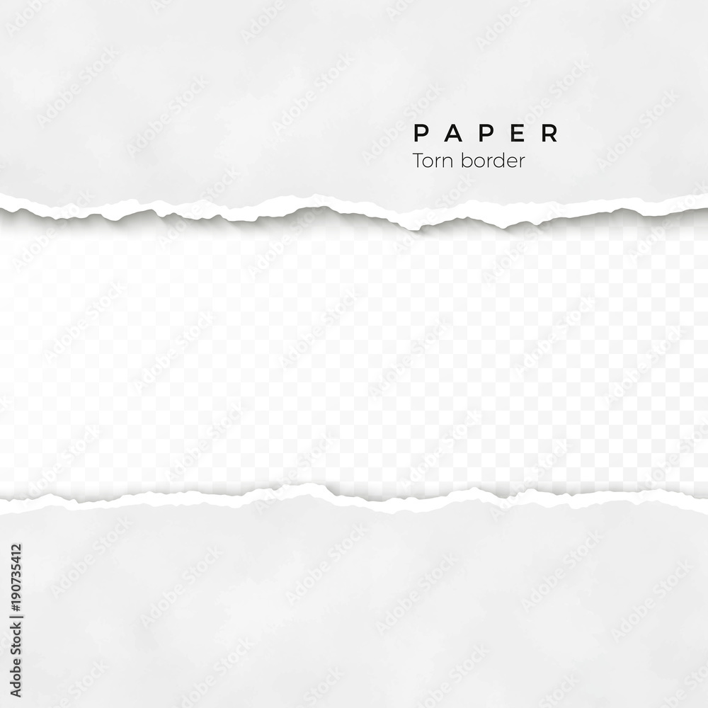 Fototapeta premium Horizontal torn paper edge. Paper texture. Rough broken border of paper stripe. Vector illustration isolated on transparent background