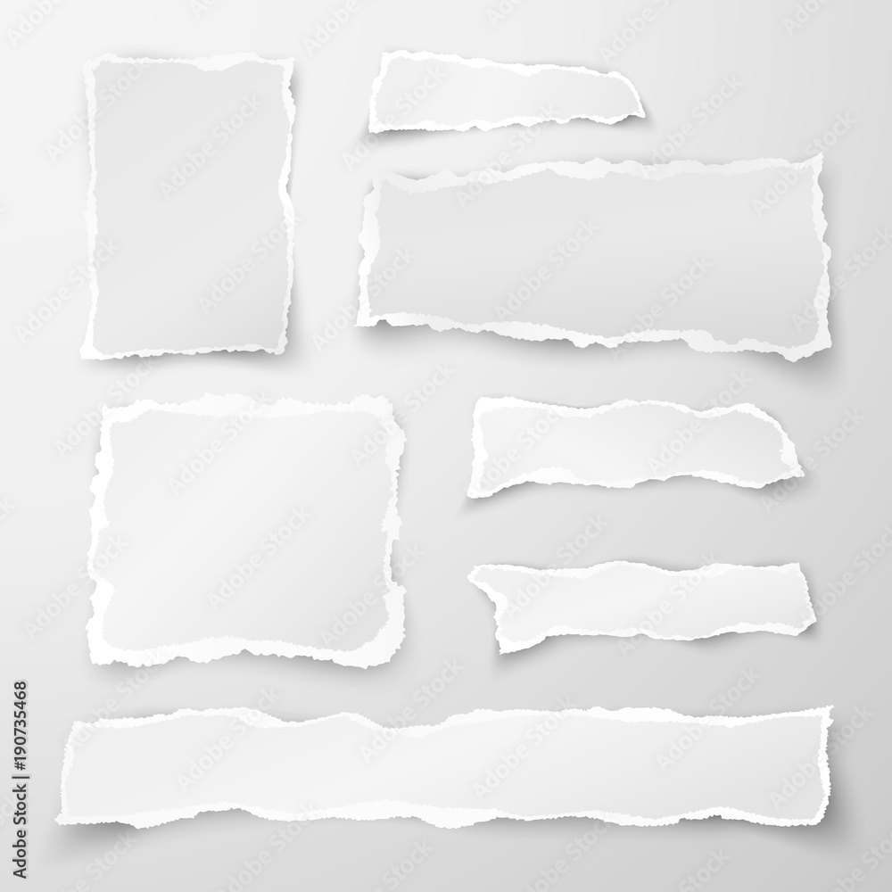 Set of torn paper pieces. Scrap paper. Object strip with shadow isolated on gray background. Vector illustration Set of torn paper pieces. Scrap paper. Object strip with shadow isolated on gray background. Vector illustration