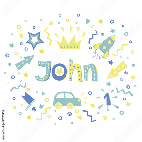 The boys name JOHN written in a nice font surrounded by car, stars, rocket and arrows .
