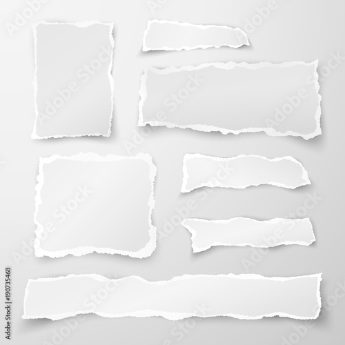 Set of torn paper pieces. Scrap paper. Object strip with shadow isolated on gray background. Vector illustration