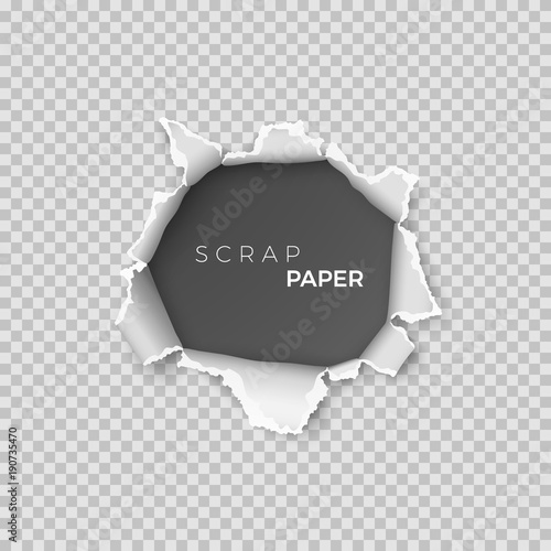 Sheet of paper with hole inside. Template realistic page of  scrap paper with rough edge for banner. Vector illustration isolated on transparent background
