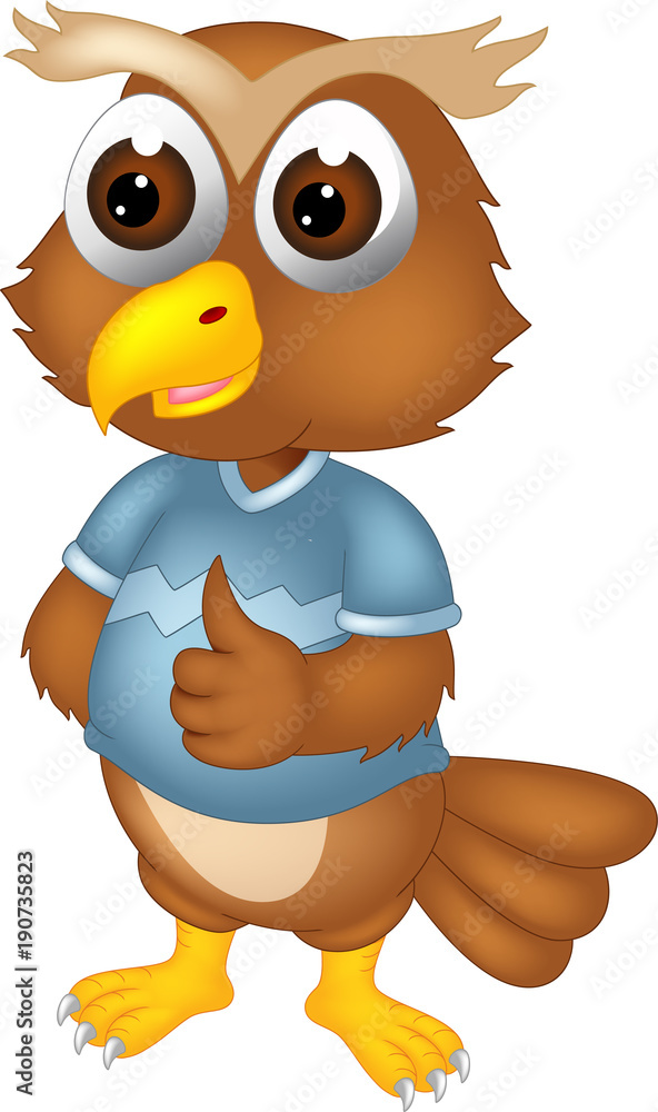Fototapeta premium cute owl cartoon standing with smile and thumb up