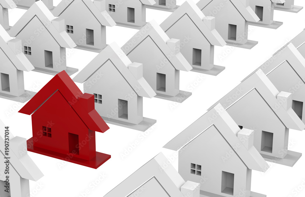Houses concept one is red, 3d illustration Houses concept one is red, 3d illustration