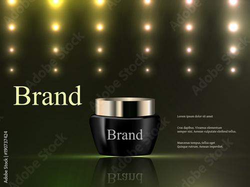 Vector 3d, cosmetics, cream on a dark green background with bright lights, luxury, advertising, catalog, poster