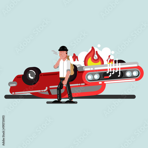 Guy with gun and car in fire behind