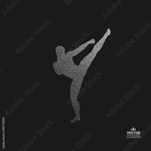 Kickbox fighter preparing to execute a high kick. Silhouette of a fighting man. Dotted silhouette of person. Vector illustration.