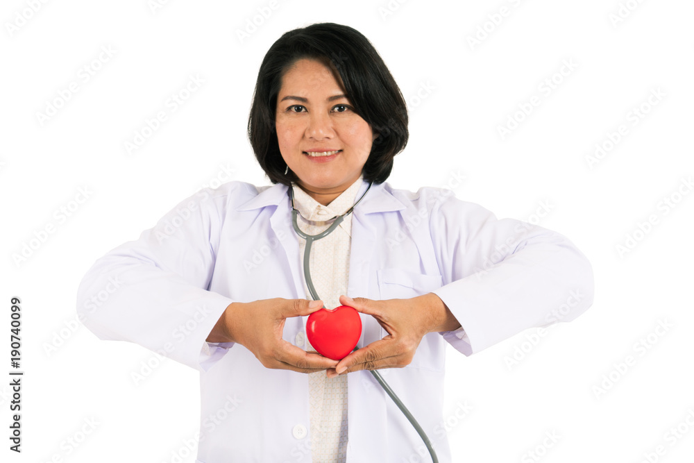 Smiled kindness asian female doctor standing and holding red heart in her hands isolated on white background. Smiled kindness asian female doctor standing and holding red heart in her hands isolated on white background.