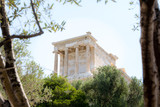 view of the Acropolis through the olive tree in Athens , Greece