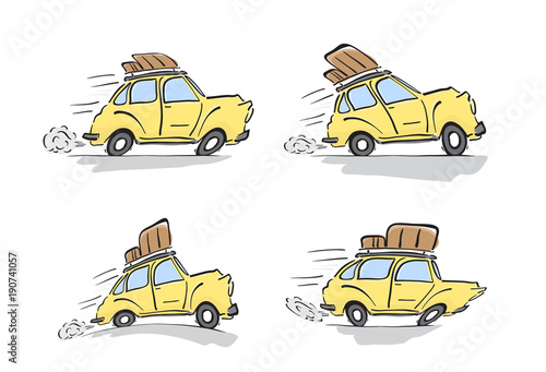 Set of distorted yellow retro cars with luggage on the roof on white background.