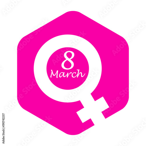 Icono plano 8 March y simbolo femenino en hexagono rosa