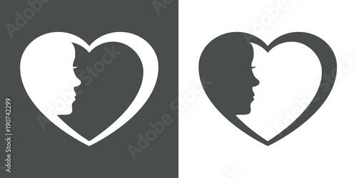 Icono plano corazon con cabeza mujer gris y blanco