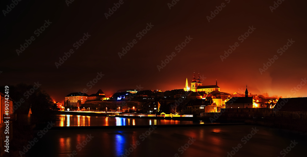 Nighty landscape with historical Kadan city and Ohre river Nighty landscape with historical Kadan city and Ohre river