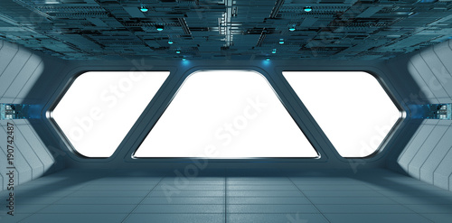 Fototapeta Naklejka Na Ścianę i Meble -  Spaceship futuristic grey blue interior window view