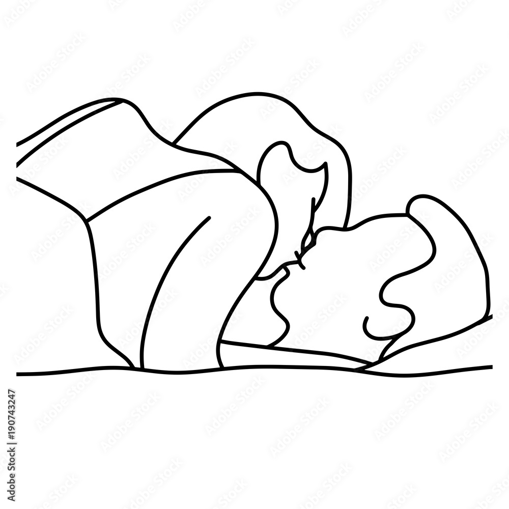 outline woman kissing a man on bed vector illustration sketch hand drawn with black lines, isolated on white background outline woman kissing a man on bed vector illustration sketch hand drawn with black lines, isolated on white background