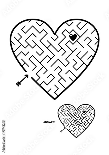 Valentine's Day, wedding, romantic, etc., themed heart shaped diagonal maze or labyrinth. Suitable both for kids and adults. Answer included.
