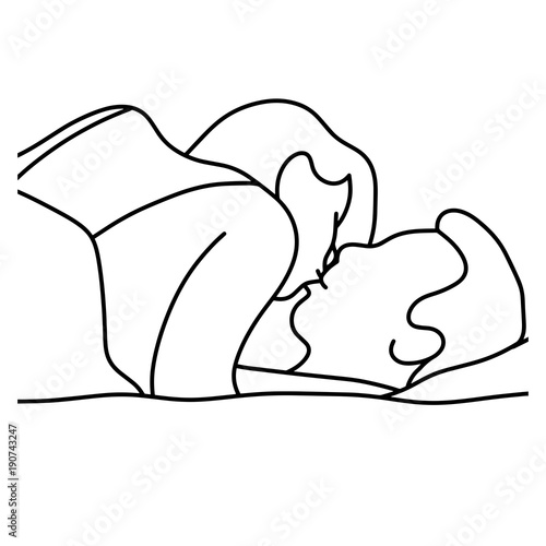 outline woman kissing a man on bed vector illustration sketch hand drawn with black lines, isolated on white background