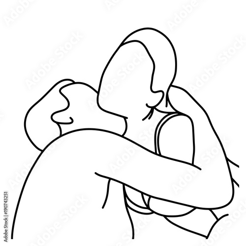 outline husband kissing his wife on her neck vector illustration sketch hand drawn with black lines, isolated on white background