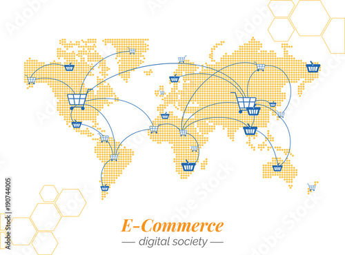 World currency and financial networks. Worldwide technology. E-commerce, the new concept of business. Vector illustrations for website, page, application, annual report and presentations.