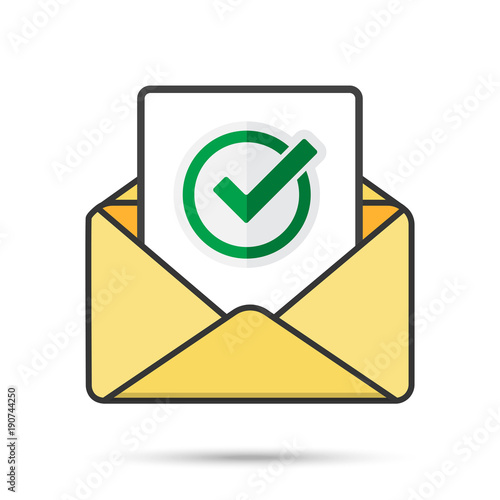 Email with document and round green check mark icon. successful verification concepts. Vector email icon