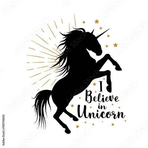 Vector silhouette of unicorn with lettering. I believe in unicorn