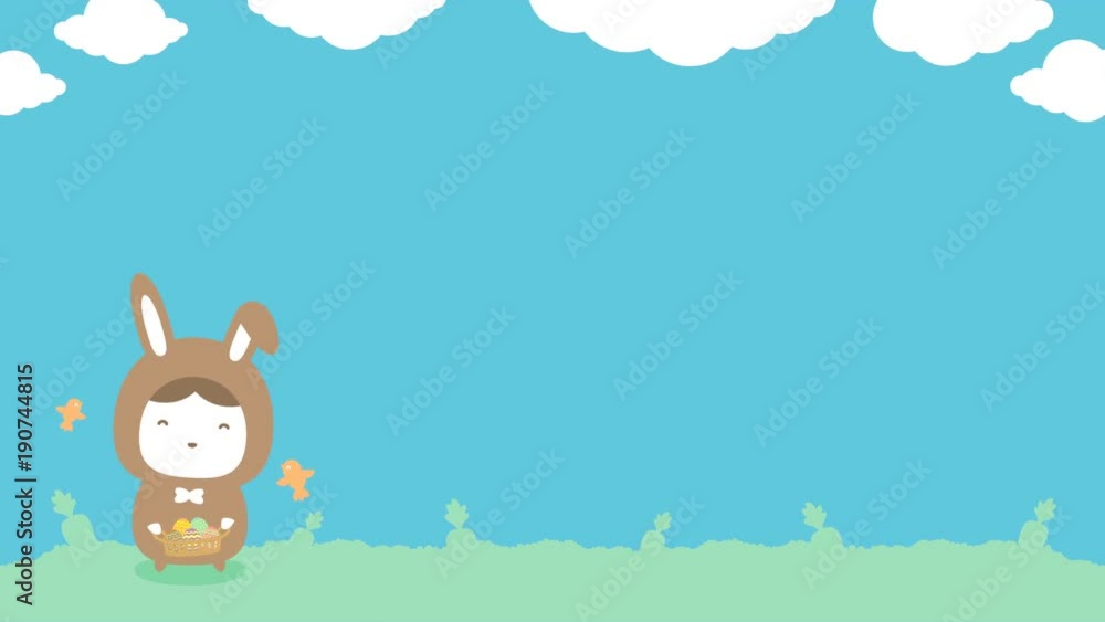 Easter rabbit boy holding colorful easter egg basket with bird, carrot, cloud pop up loop animation 4K on blue sky background with copy space Easter rabbit boy holding colorful easter egg basket with bird, carrot, cloud pop up loop animation 4K on blue sky background with copy space