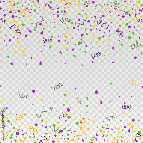 Mardi Gras carnival confetti seamless background. Traditional colors yellow, purple, green. Stock vector illustration