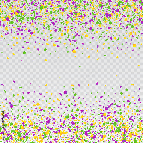 Mardi Gras carnival confetti seamless background. Traditional colors yellow, purple, green. Stock vector illustration