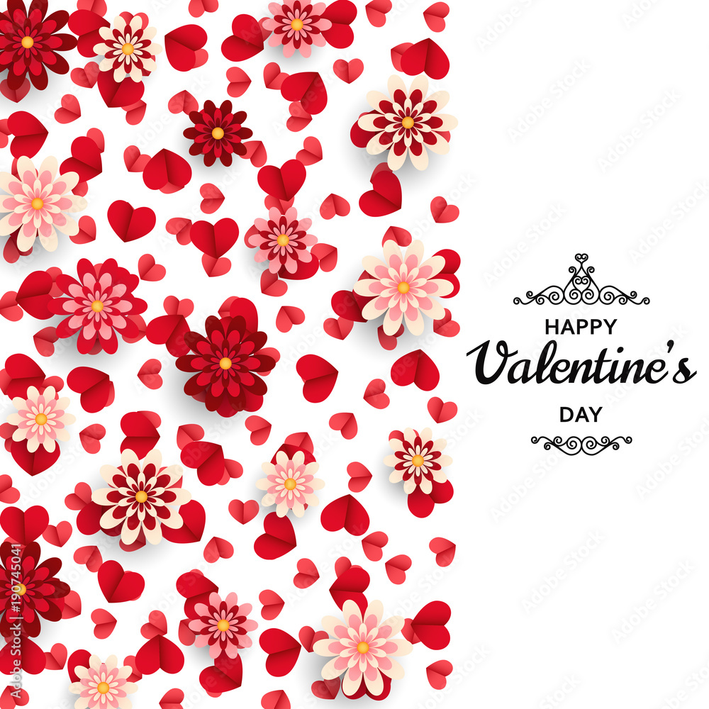 Happy Valentine Day background. Good design template for banner, greeting card, flyer. Paper art flowers and hearts. Vector illustration. Happy Valentine Day background. Good design template for banner, greeting card, flyer. Paper art flowers and hearts. Vector illustration.