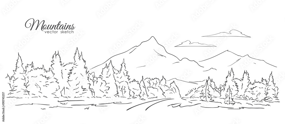 Fototapeta Hand drawn Landscape with Mountains, forest, road and clouds. Line design. Sketch
