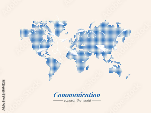 World Communication. Light blue bitmap. Paper rockets communicate people around the world. Vector template for website  design  cover  annual reports.