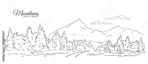 Hand drawn Landscape with Mountains, forest, road and clouds. Line design. Sketch
