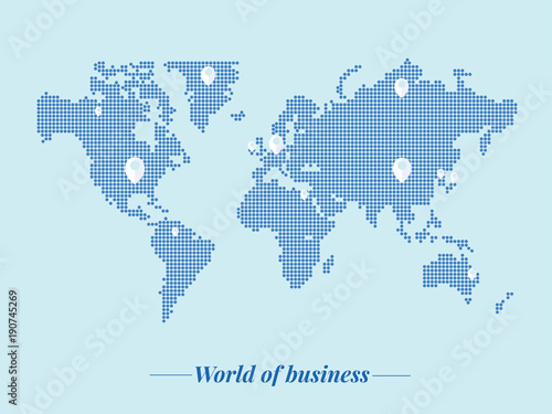 World Business Strategy. Blue Bitmap of world book with the flag of strategy. Vector template for website, design, cover, annual reports.