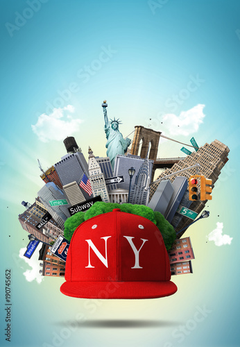 New York collage with the sights and red cap