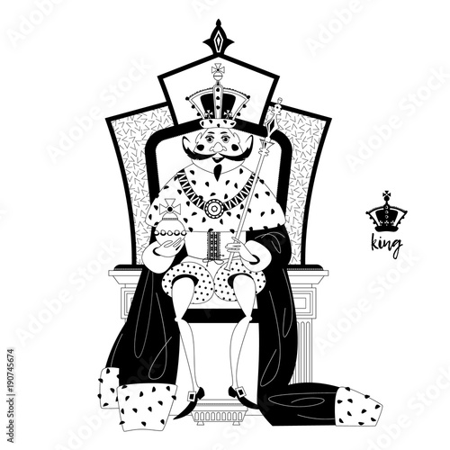 King wearing a crown and royal mantle, sitting on a throne. Black and white. Vector illustration.